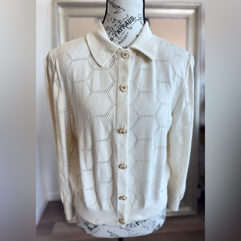 st john sport knit pointelle cardigan beige Sweater womens * Flaws